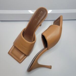 ALOHAS Leather Square Toe‎ Puffy Mules Camel Brown Size EU 40 High Heel Slip-On